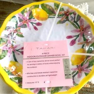 NEW! Tahari Tropical Orchids & Lemon Melamine Indoor/Outdoor Dinner Bowls S/4